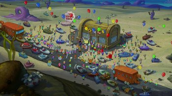 Movie still from “The SpongeBob Movie: Sponge Out of Water” (2015), directed by Mike Mitchell – An image of an animated scene with many vehicles and balloons; Extreme Wide shot, High angle