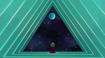 Movie still from “The SpongeBob Movie: Sponge Out of Water” (2015), directed by Mike Mitchell – An image of a person standing in front of the moon; Extreme Wide shot, Overhead angle