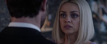 Movie still from “The Spy Who Dumped Me” (2018), directed by Susanna Fogel – A man and a woman staring at each other; Close Up shot, Over the shoulder angle