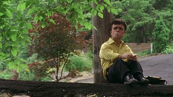 Movie still from “The Station Agent” (2003), directed by Tom McCarthy – A man sitting on the ground near a tree; Medium shot, Low angle