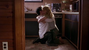 Movie still from “The Station Agent” (2003), directed by Tom McCarthy – A man and a woman hugging in a kitchen; Medium shot, High angle