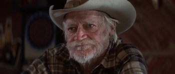 Movie still from “The Straight Story” (1999), directed by David Lynch – An old man with a white beard wearing a cowboy hat; Close Up shot, Low angle
