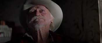 Movie still from “The Straight Story” (1999), directed by David Lynch – An old man with a white cowboy hat and beard; Close Up shot, Low angle