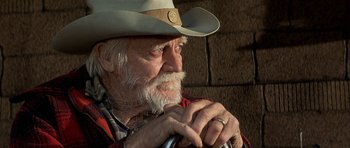 Movie still from “The Straight Story” (1999), directed by David Lynch – An old man with a white beard wearing a cowboy hat; Close Up shot, Low angle