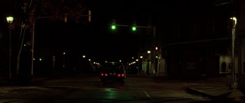 Movie still from “The Strangers” (2008), directed by Bryan Bertino – A car stopped at an intersection at night time; Extreme Wide shot, High angle