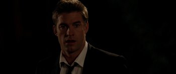 Movie still from “The Strangers” (2008), directed by Bryan Bertino – A person wearing a suit and tie; Close Up shot, Over the shoulder angle
