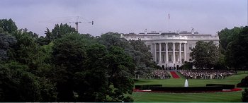 Movie still from “The Sum of All Fears” (2002), directed by Phil Alden Robinson – The white house is seen from across the lawn; Extreme Wide shot, Low angle