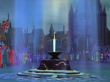 Movie still from “The Sword in the Stone” (1963), directed by Wolfgang Reitherman – A painting of a sword on a pedestal in front of a city; Wide shot, Low angle