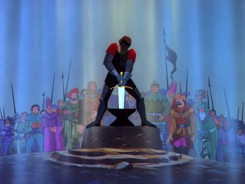 Movie still from “The Sword in the Stone” (1963), directed by Wolfgang Reitherman – A scene from the disney animated film the sword in the stone; Wide shot, Low angle
