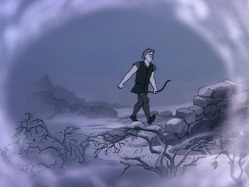 Movie still from “The Sword in the Stone” (1963), directed by Wolfgang Reitherman – An animated picture of a man walking across a cliff; Wide shot, High angle