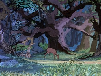 Movie still from “The Sword in the Stone” (1963), directed by Wolfgang Reitherman – A painting of a deer standing under a large tree; Extreme Wide shot, High angle