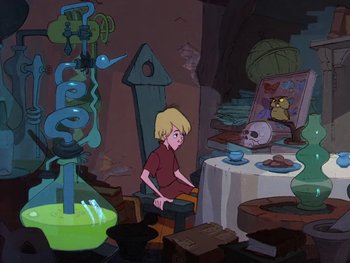 Movie still from “The Sword in the Stone” (1963), directed by Wolfgang Reitherman – A boy sitting on a chair in a room with a skull on the wall; Wide shot, High angle