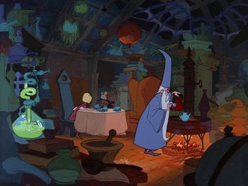 Movie still from “The Sword in the Stone” (1963), directed by Wolfgang Reitherman – An animated scene of a witch in a house; Wide shot, High angle