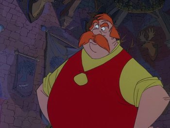 Movie still from “The Sword in the Stone” (1963), directed by Wolfgang Reitherman – A cartoon character with a beard; Medium shot, Over the shoulder angle