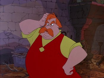 Movie still from “The Sword in the Stone” (1963), directed by Wolfgang Reitherman – A man with a red beard is standing up; Medium shot, High angle
