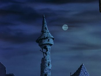 Movie still from “The Sword in the Stone” (1963), directed by Wolfgang Reitherman – A very tall tower with a clock on the top of it; Extreme Wide shot, Low angle