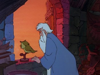 Movie still from “The Sword in the Stone” (1963), directed by Wolfgang Reitherman – An old man looking at a tree in the middle of a room; Medium shot, Over the shoulder angle
