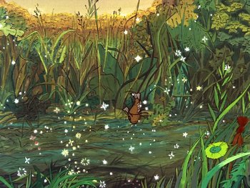 Movie still from “The Sword in the Stone” (1963), directed by Wolfgang Reitherman – A painting of a bear in the woods with flowers; Wide shot, High angle