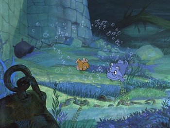 Movie still from “The Sword in the Stone” (1963), directed by Wolfgang Reitherman – An animated scene of a mouse and a fish in the water; Wide shot, High angle