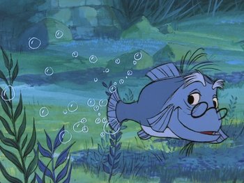 Movie still from “The Sword in the Stone” (1963), directed by Wolfgang Reitherman – A cartoon of a fish swimming in the water; Medium shot, Low angle