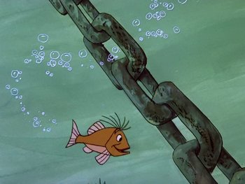 Movie still from “The Sword in the Stone” (1963), directed by Wolfgang Reitherman – An animated fish swimming next to a large chain; Medium shot, Low angle