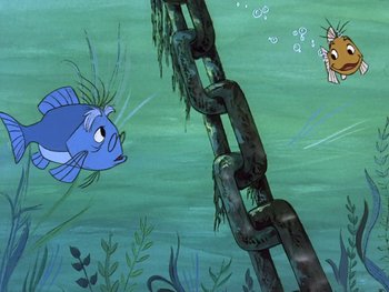 Movie still from “The Sword in the Stone” (1963), directed by Wolfgang Reitherman – A cartoon scene of a fish and a chain link fence; Wide shot, High angle