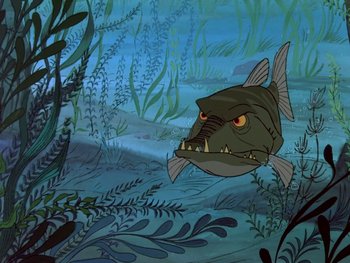 Movie still from “The Sword in the Stone” (1963), directed by Wolfgang Reitherman – An image of an animated fish in the water; Medium shot, High angle