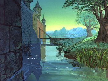 Movie still from “The Sword in the Stone” (1963), directed by Wolfgang Reitherman – A painting of a castle and a river; Extreme Wide shot, Low angle