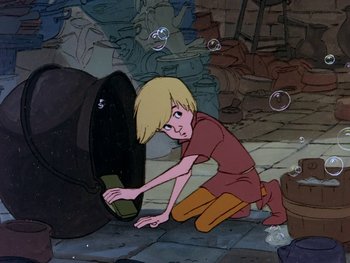 Movie still from “The Sword in the Stone” (1963), directed by Wolfgang Reitherman – A woman is crouching down next to an object; Medium shot, High angle