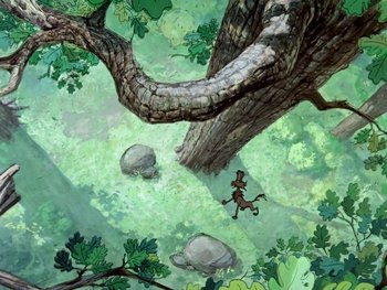Movie still from “The Sword in the Stone” (1963), directed by Wolfgang Reitherman – An animated picture of a tree with a person running through it; Extreme Wide shot, Overhead angle