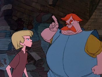 Movie still from “The Sword in the Stone” (1963), directed by Wolfgang Reitherman – An old man and a young boy are standing in front of a wall; Medium shot, Over the shoulder angle