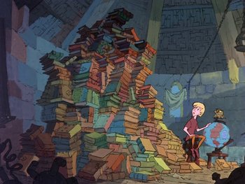 Movie still from “The Sword in the Stone” (1963), directed by Wolfgang Reitherman – A pile of books sitting on top of a pile of bricks; Wide shot, Overhead angle