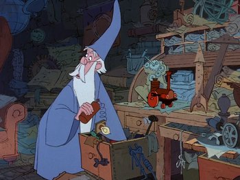 Movie still from “The Sword in the Stone” (1963), directed by Wolfgang Reitherman – An animated scene of a wizard and a tractor in a workshop; Wide shot, High angle