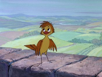 Movie still from “The Sword in the Stone” (1963), directed by Wolfgang Reitherman – A cartoon bird standing on top of a mountain; Wide shot, Low angle