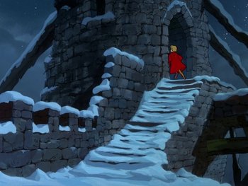 Movie still from “The Sword in the Stone” (1963), directed by Wolfgang Reitherman – A painting of a person climbing up the stairs to a castle; Extreme Wide shot, Low angle