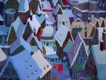 Movie still from “The Sword in the Stone” (1963), directed by Wolfgang Reitherman – A painting of a town with snow on the ground; Extreme Wide shot, High angle