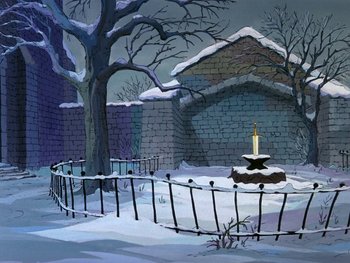 Movie still from “The Sword in the Stone” (1963), directed by Wolfgang Reitherman – A painting of a candle in the middle of a fenced in area; Extreme Wide shot, High angle