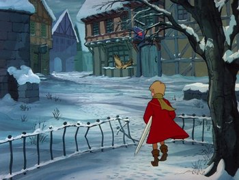 Movie still from “The Sword in the Stone” (1963), directed by Wolfgang Reitherman – A painting of a person walking in the snow with an umbrella; Wide shot, High angle