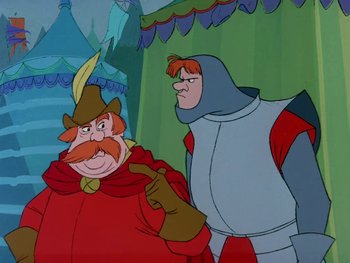 Movie still from “The Sword in the Stone” (1963), directed by Wolfgang Reitherman – Two cartoon characters are standing next to each other; Medium shot, Over the shoulder angle