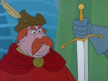 Movie still from “The Sword in the Stone” (1963), directed by Wolfgang Reitherman – A cartoon character with a sword; Close Up shot, Over the shoulder angle