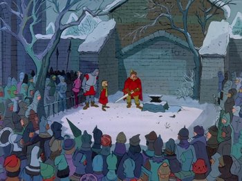 Movie still from “The Sword in the Stone” (1963), directed by Wolfgang Reitherman – A crowd of people gathered in the snow to watch an animated scene; Wide shot, High angle