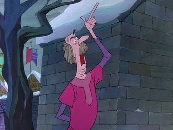 Movie still from “The Sword in the Stone” (1963), directed by Wolfgang Reitherman – An animated character is pointing to the sky; Medium shot, Low angle