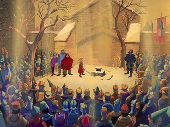 Movie still from “The Sword in the Stone” (1963), directed by Wolfgang Reitherman – A painting of a crowd of people watching a scene; Extreme Wide shot, High angle