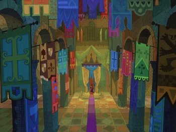 Movie still from “The Sword in the Stone” (1963), directed by Wolfgang Reitherman – A cartoon of a castle with a lot of decorations; Extreme Wide shot, High angle