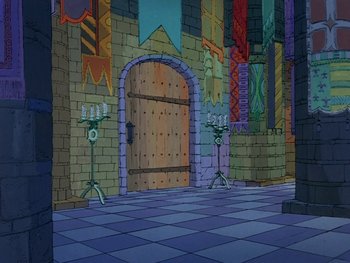 Movie still from “The Sword in the Stone” (1963), directed by Wolfgang Reitherman – An animated picture of an entrance to a building; Extreme Wide shot, High angle