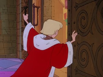 Movie still from “The Sword in the Stone” (1963), directed by Wolfgang Reitherman – A man dressed in a red and white outfit is opening a door; Medium shot, Over the shoulder angle