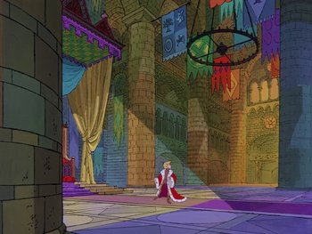 Movie still from “The Sword in the Stone” (1963), directed by Wolfgang Reitherman – An animated scene of a king sitting in a court room; Extreme Wide shot, High angle