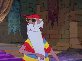 Movie still from “The Sword in the Stone” (1963), directed by Wolfgang Reitherman – An old man with a long white beard wearing sunglasses; Medium shot, Low angle