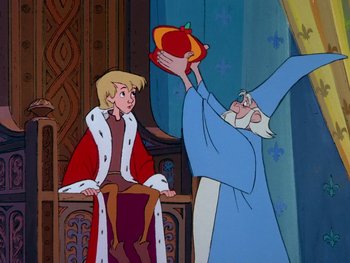 Movie still from “The Sword in the Stone” (1963), directed by Wolfgang Reitherman – A scene from the disney animated film the sword in the stone; Medium shot, Over the shoulder angle