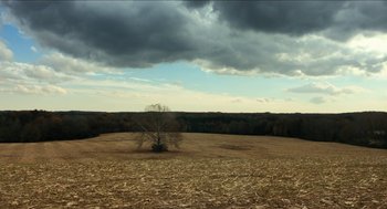 Movie still from “The Taking of Deborah Logan” (2014), directed by Adam Robitel – A lone tree stands in the middle of an empty field; Extreme Wide shot, High angle